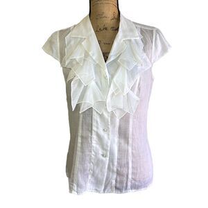 Etcetera Women's White Ruffle Top Cap Sleeve Sheer Linen Botton Up Blouse Sz S/M
